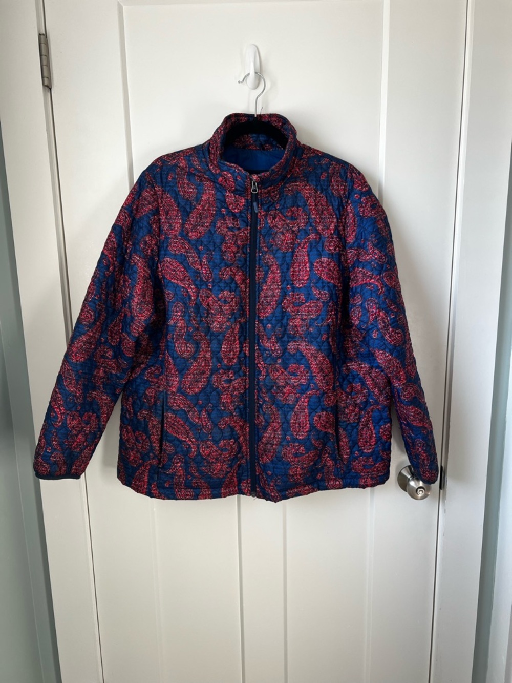 Lands' End Blue and Red Paisley Quilted Puffer Jacket